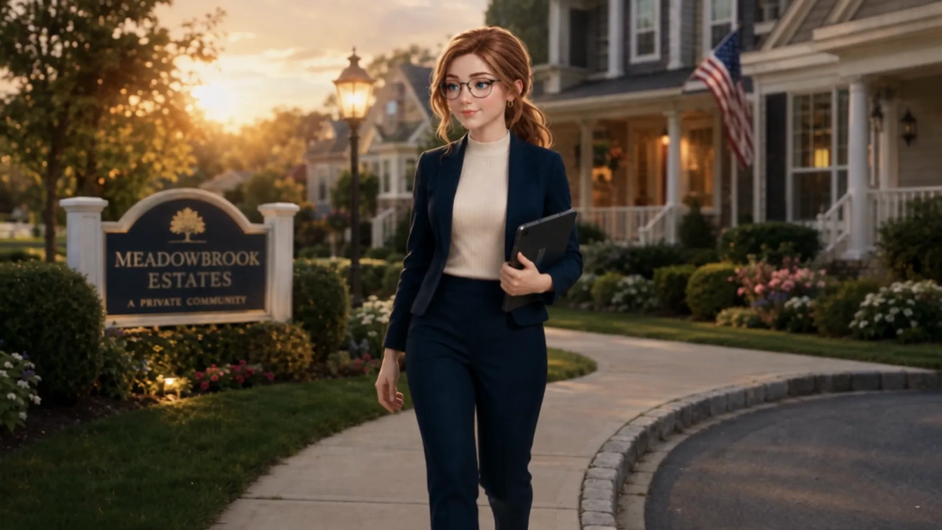 Luna, Homestead's virtual concierge, walking through a community at sunset